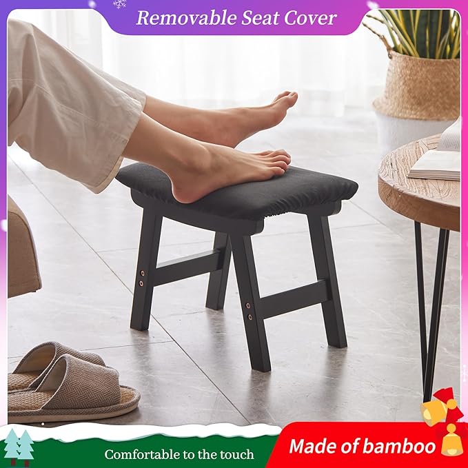 Kitsanery Foot Stool,Ottoman,Bamboo Small Sofa Foot Rest Under Desk,Extra Seating for Living Room, Bedroom and Kitchen (Black Stool Legs - Black Surface)