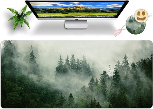 Huge Mouse Pad for Desk 40x20 Inch Extra Large with Coaster, Big Mousepad Stitched Edges Non Slip Base Extended Giant Mouse Pad for Office Home Forest