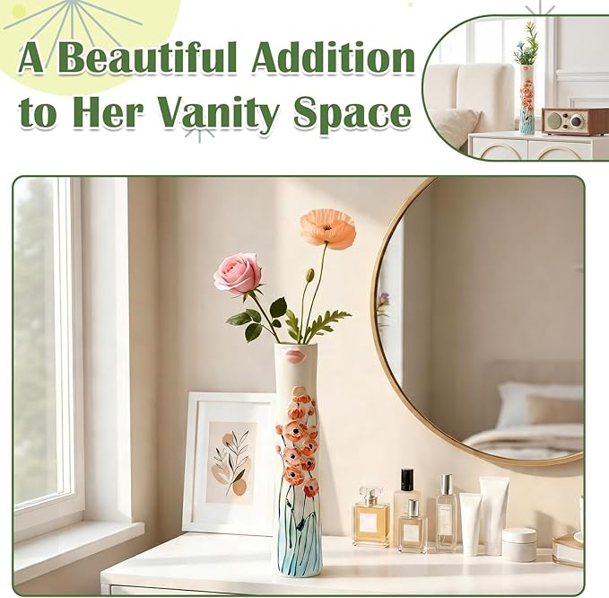 Cute Face Bud Vase, Hand Painted Resin Mini Vase, Boho Decorative Vase for Desk Shelf Living Room Decor, Unique Gift Idea for Women (Lips & Orange Blooms)
