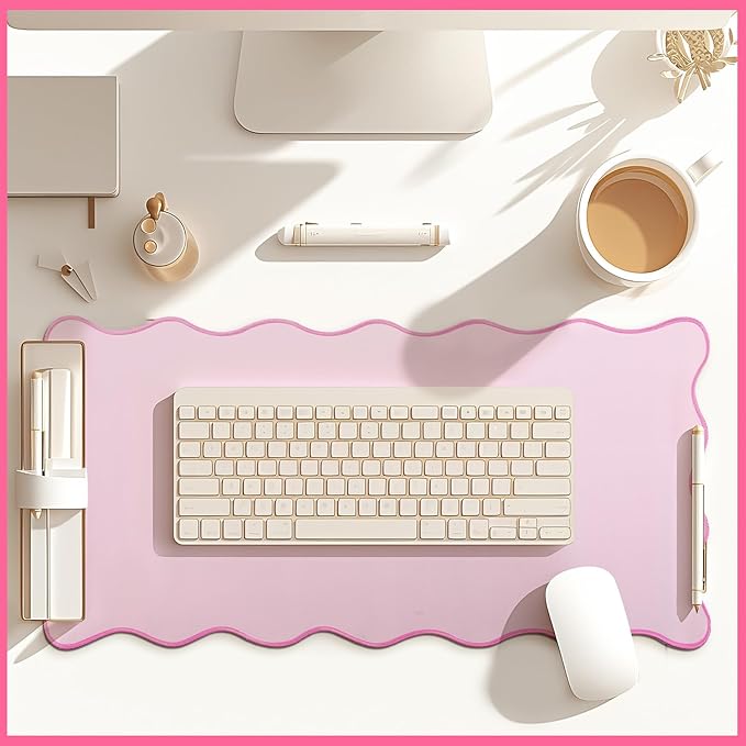 Hahafelt Scalloped Desk Mat Large Desk Pad Cute Coquette Table Mat Aesthetic Preppy Table Make up Pad Nonslip 2026 Graduation Gift with Stitching Waterproof Gaming(Pink,23.6 x 13.8 Inches)