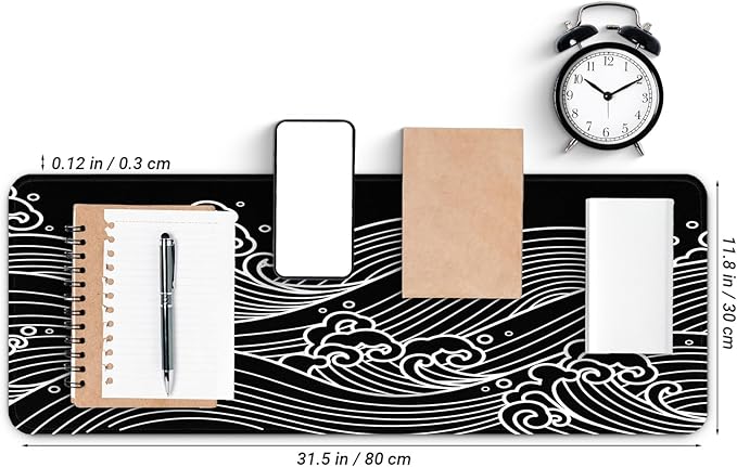 Gaming Mouse Pad with Anti-Slip Rubber Base, Extended Large Computer Mouse Mat with Stitched Edges, Long XL Anime Mousepad for Laptop and Keyboard, 31.5 x 11.8 inch (Black and White Wave)