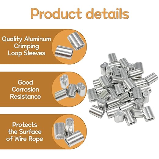 285PCS 8 Sizes Aluminum Crimping Loop Sleeve Cable Crimps, 3/64'' 1/16'' 5/64'' 3/32'' 1/8'' 5/32'' 3/16'' 1/4'' Cable Ferrules Kit DD042