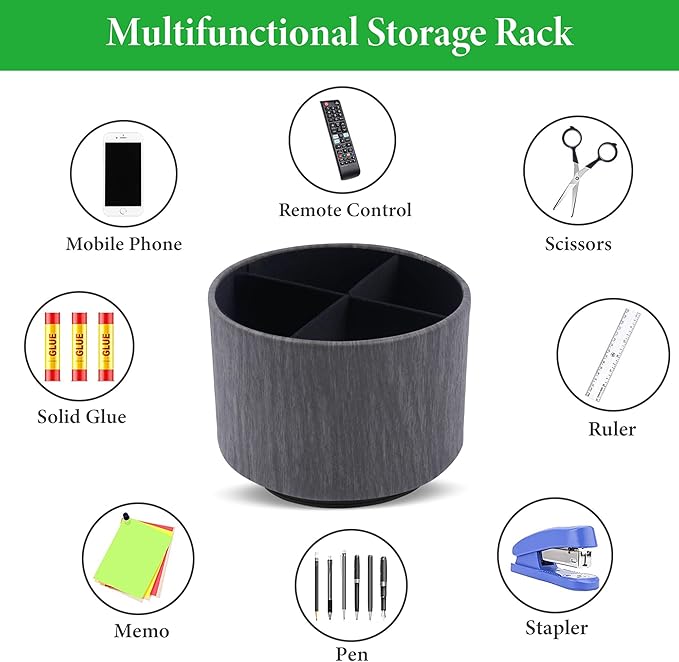 Round Leather Art Supply Organizer,Remote Control Holder,360 Degree Spinning,Multi-Functional Pencil Holder,4 Compartments Desktop Stationary Organizer(1-Thin Wood Black)
