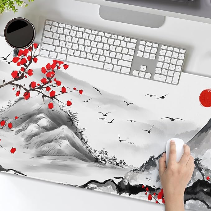 Watercolor Cherry Blossom Mouse Pad 35.4x15.7in Extended Large Japanese Sakura Full Desk Pad Non-Slip Rubber Base With Stitched Edges for Home Work Laptop Desktop