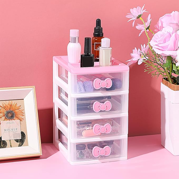 Girls Cute Lovely Color Storage Box Makeup Organizer with 4 Layers, Cute Storage Cabinet Box with Bow Handle, Desktop Storage Box for Home Bedroom Bathroom Women Girl Gifts (Pink)
