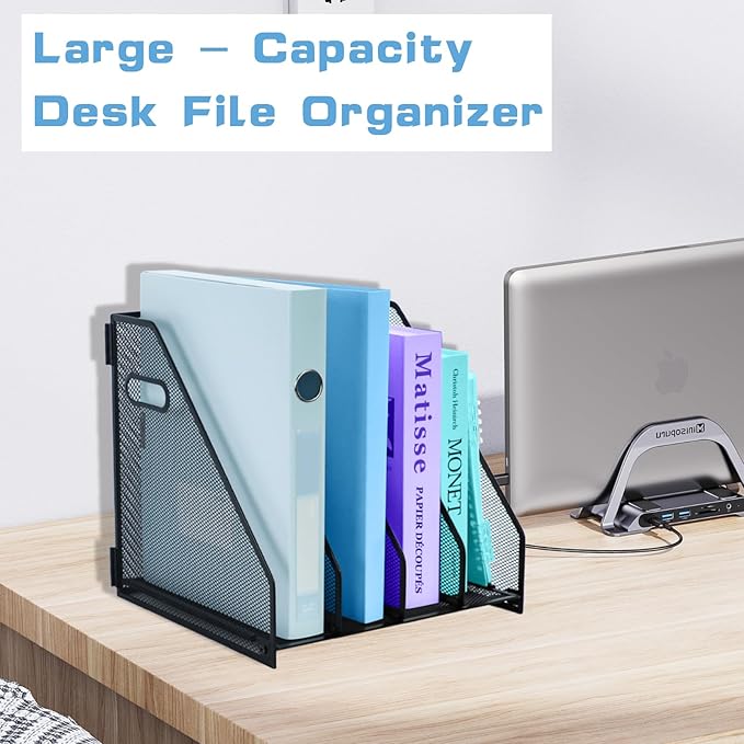 Desk Organizers Metal Magazine File Holder Racks Desktop Folder Storage Binder Organiser Document Organization for Home Office & Classroom,4 Vertical Compartments