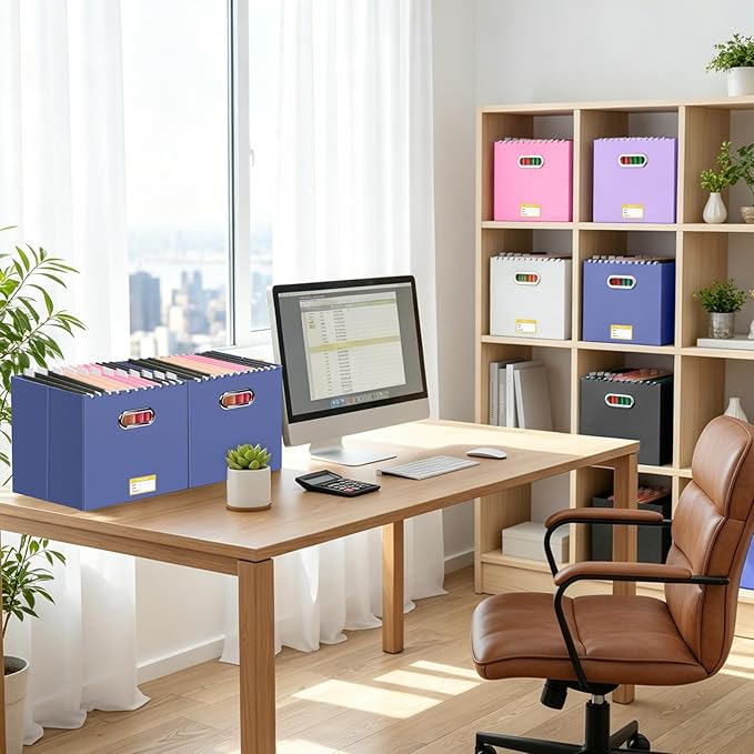 BALEINE File Organizer Box, Cardboard File Folder Organizer with Handle for Letter Size, Portable Collapsible Hanging Filing Box for Home Office Document Storage (1 Pack, Large Navy)