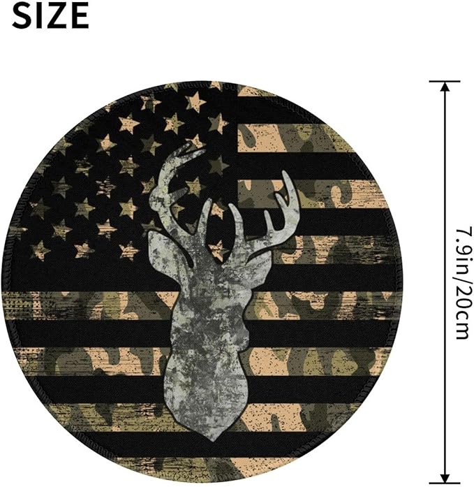 Camo American Flag Deer Round Mouse Pad Premium Textured Mouse Mat Washable Mousepads with Extended Stitched Edges Non Slip Rubber Base Small Mousepad 7.9 X 7.9 X 0.12 Inches