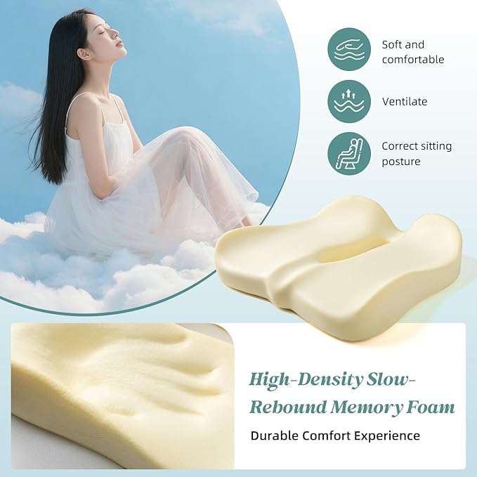 SheRest Seat Cushion, Ergonomic Memory Foam Cooling Cushion, Pressure Relief Suitable for Long Sitting Hours on Office Chairs, Desks, Cars and Airplane Seats, Green