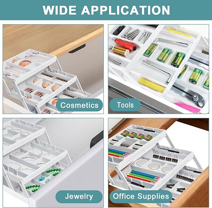 Aobiono Multi Level Smart Drawer Organizer, Multi Tier Expandable Storage Collapsible Foldable Trays for Jewelry, Cosmetics, Makeup, Tools, Battery (White, Double Row - 3 Levels)