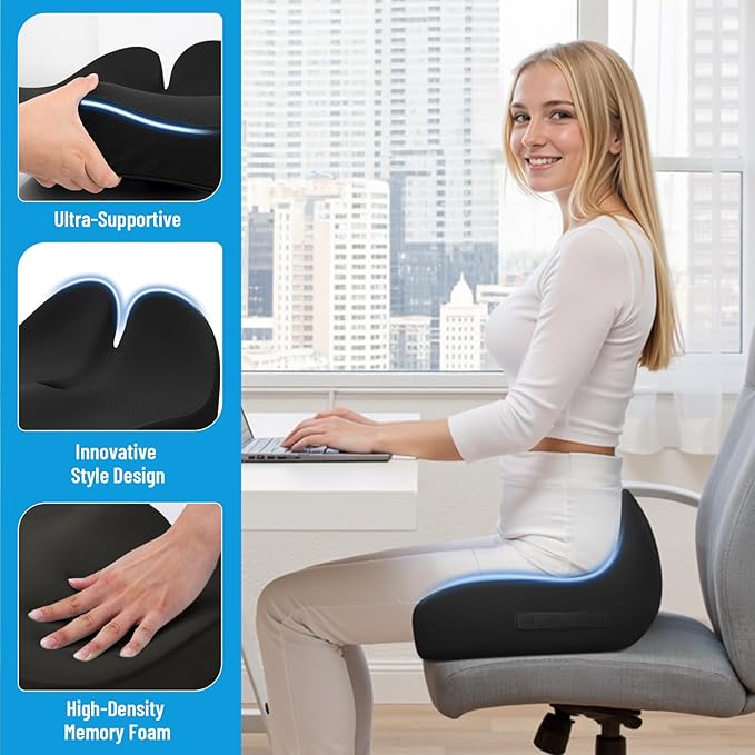 Cushzone Memory Foam Seat Cushion for Office Chair, Ergonomic Coccyx Cushion for Desk Chair, Tailbone Support Pillow for Long Sitting, Non-Slip Seat Pad for Home, Car, Gaming Chair (Black, X-Large)