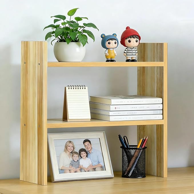 Small Desk Organizer Wood Shelf - 2 Tier Desk Hutch Dorm, Small Bookshelf, Desktop Organization for Office, Kitchen, Counter, Table Top Storage
