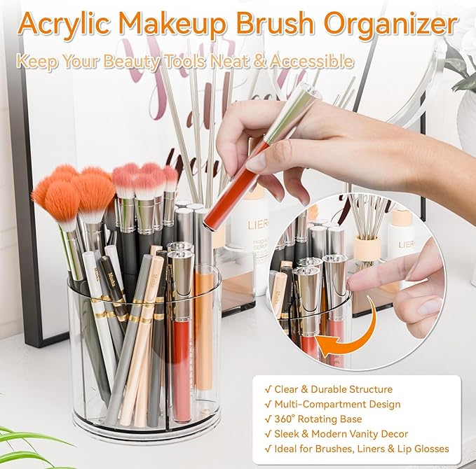 Yieach Rotating Acrylic Makeup Brush Holder for Vanity,Bathroom Countertop,Round Makeup Brushes Organizer,Spinning Cosmetic Brushes Holder,Make up Brush Storage and Office Desk Pen or Pencil Cup,Clear