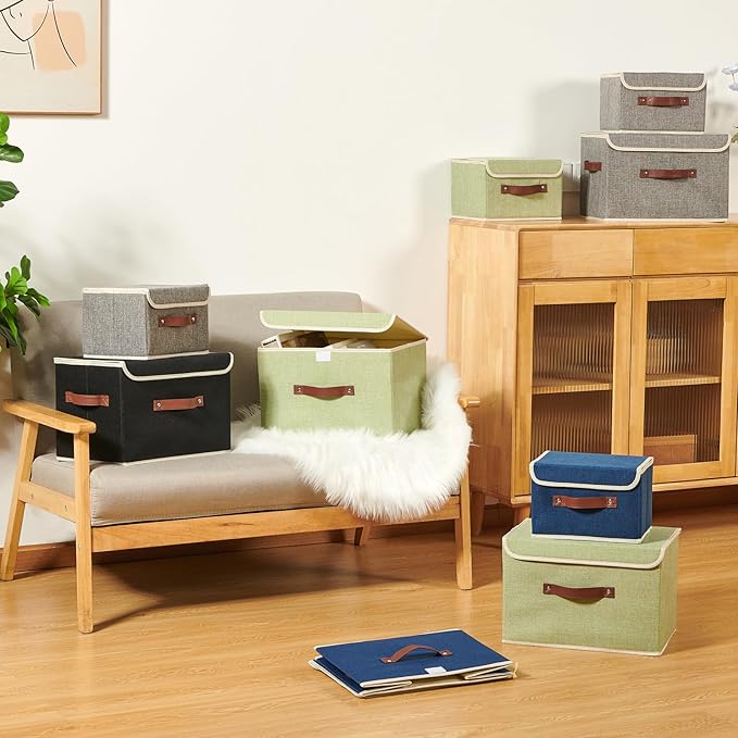 2PCS Storage Boxes with Lid Cotton Linen Fabric Storage Bins Organizer Container Decorative Collapsible Washable Shelf Closet Baskets Faux Leather Handles Home Bedroom (Deep Blue, Large)