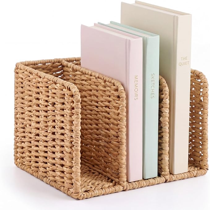 Novabright Woven File Magazine Holder Desk Organizer, 3-compartment Vertical Workspace Sorters for Magazines, Notebooks, Envelopes, Paper Rope Wicker Book & Binder Sorter for Home Office