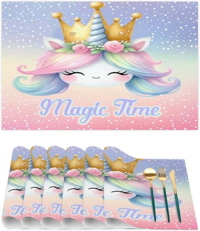 Placemats Set of 4 Heat-Resistant Rectangle Place Mats Unicorn Cute Washable Plastic PVC Dining Table Mat Non-Slip Wipeable Woven Vinyl Placemat for Kitchen Patio Table Decor