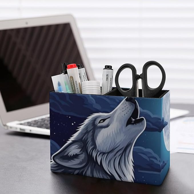 Square Brush Pot Full Moon Howling Wolf, Versatile PU Leather Pen Container for Various Uses