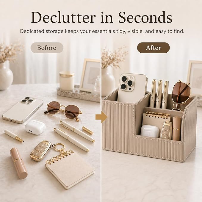KINGFOM Desk Pen Organizer Office Supplies Caddy Pu Leather Multi-function Storage Box Pen/Pencil,Cell phone, Business Name Cards Remote Control Holder (Mocha Beige)