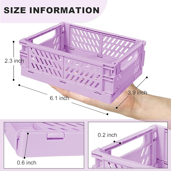 Tobeso-Nuoze Mini Pastel Plastic Storage Baskets 2 Pack, Collapsible Crates for Organizing, Space-Saving Bins for Kitchen, Office, Bedroom (Purple, Small: 5.8"x 3.8" x 2.2")