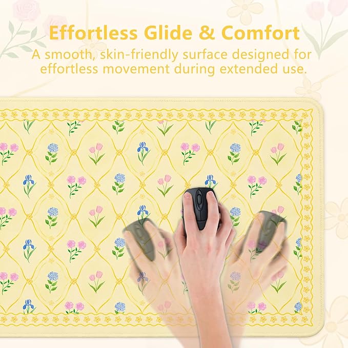 Floral Aesthetic Yellow Mouse Pad Large 35.4×15.7 Flower Girly Desk Mat for Women, Non-Slip Water-Resistant Pad for Home Office Gaming Decor