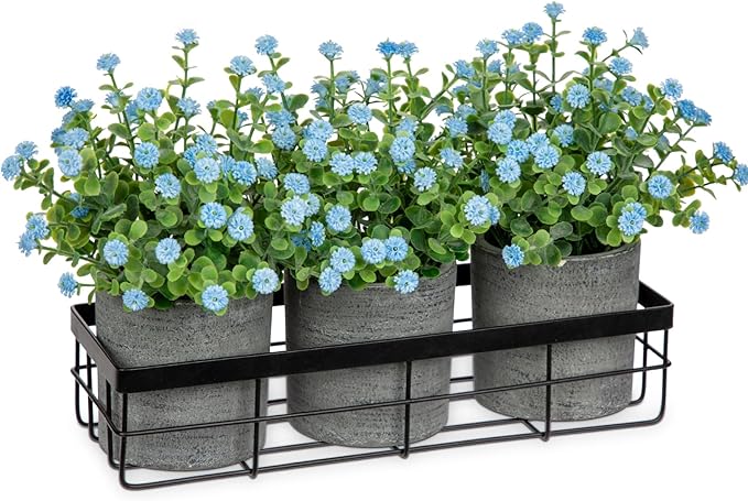 DILATATA Baby's Breath Artificial Flowers Table Centerpiece Decoration Potted Artificial Babys Breath Small Fake Plants for Shelf Desk Home Decor Fake Blue Babys Breath Flower with Vase