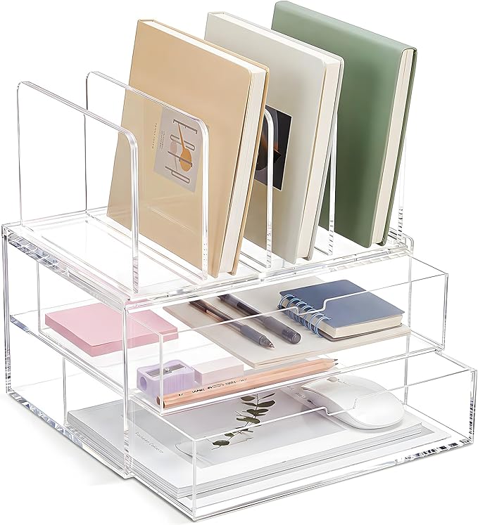 Ripeng Acrylic Desk Organizer with 2 Drawers, Vertical File Holder with 5 Detachable and Adjustable Dividers, Clear Desk Organizers and Accessories for Home, Office, School