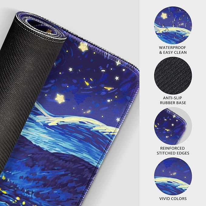 Starry Night Cat Large Mouse Pad, 31.5"x15.7" Desk Mat, Anti-Slip Rubber Base Keyboard Pad with Stitched Edges, Water-Resistant Smooth Desk Blotter, Computer Mat for Home Office Desk