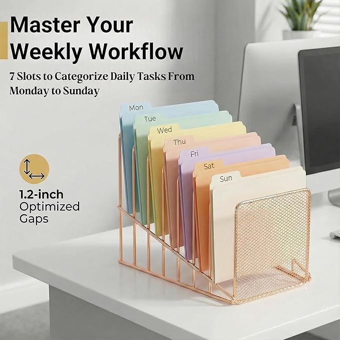 Rose Gold Desk Organizer 7 Slot Inclined Vertical File Folder Holder Sorter with Mesh Front – Metal Wire Rack for Mail, Slim Binders, Books Office Organization & Desktop Accessories