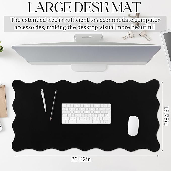 Hahafelt Scalloped Desk Mat Large Desk Pad Cute Coquette Table Mat Aesthetic Preppy Table Make up Pad Nonslip 2026 Graduation Gift with Stitching Waterproof Gaming(Black,23.6 x 13.8 Inches)