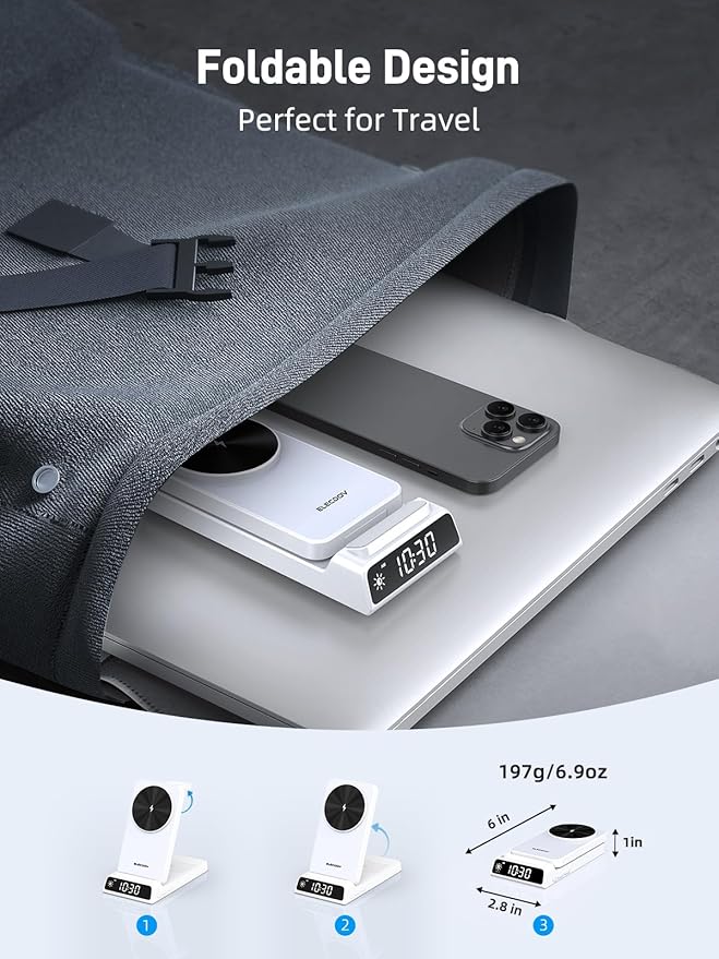 3 in 1 Charging Station for Apple, ELECDOV Magnetic Charger for iPhone, Foldable Wireless Charger with Clock, Travel Watch Charger Stand for iPhone 17/Air/16/15 Series, iWatch 10/AirPods 4 (White)