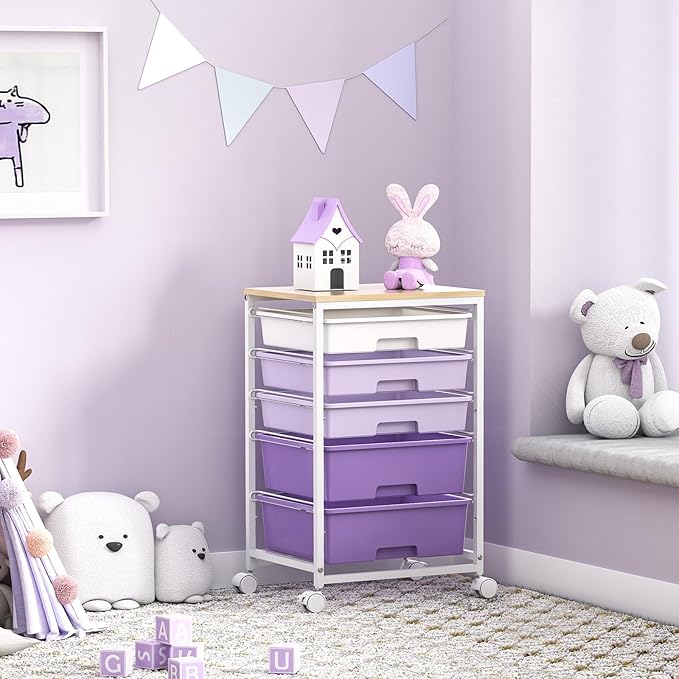SYKIARIOL Utility Cart with 5 Drawers,Storage Drawer Cart with Wooden Tabletop and Lockable Wheels,Craft Storage Trolley Cart,5-Tier Rolling Utility Cart on Wheels,Purple