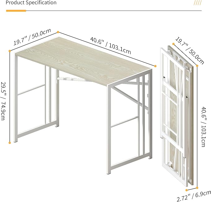 Lutown-Teen 40 inch Folding Desk, Writing Gaming Computer Camping Desk, No Assembly Required Home Office Table, Natural and White