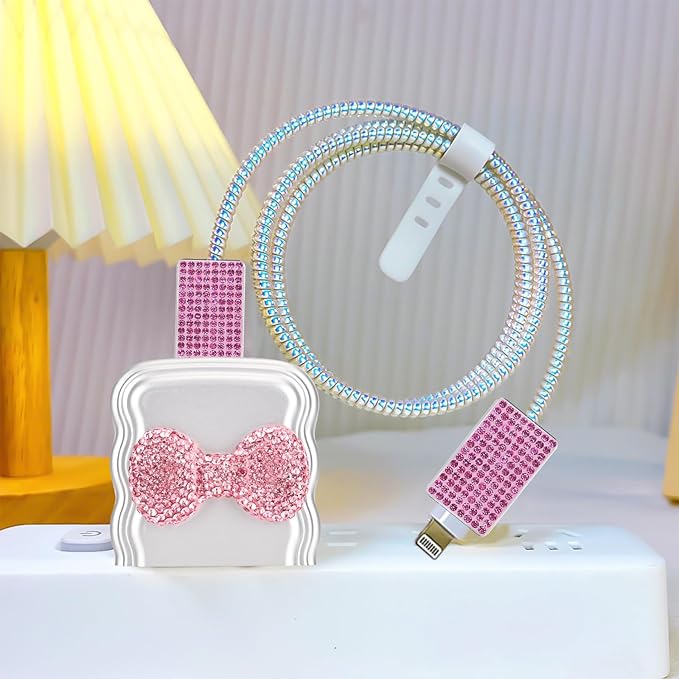 Phone Charger Case Storage Set with Cute Bow Cable Protector with Carrying Cable Case Bag,Cord Organizer, USB Earphone Wire Saver Organizer Charger Protector for iPhone (Pink Bow)