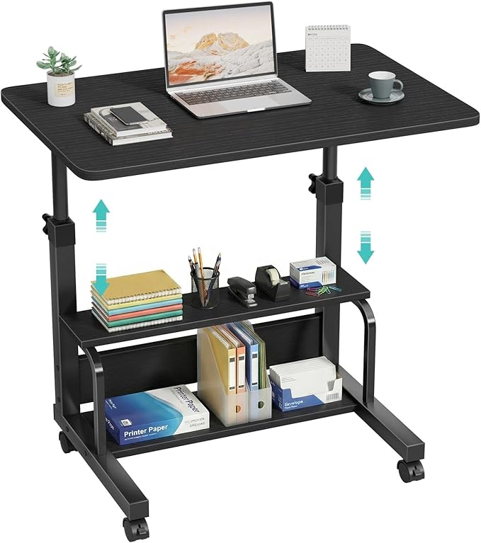 WINAZ Small Portable Rolling Kids Desk - 32" Mobile Laptop Desk with Wheels for Small Spaces, Height Adjustable C Shaped Side Table with 2-Tier Storage Shelves, Black