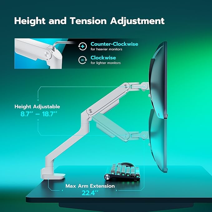 ARES WING Ultrawide Monitor Arm White for 17 to 49 Inch Heavy Duty Curved Screen, Holds 44 Lbs, Adjustable Gas Spring Monitor Arm Desk Mount with C Clamp, Grommet Base, 75/100 Vesa Mount
