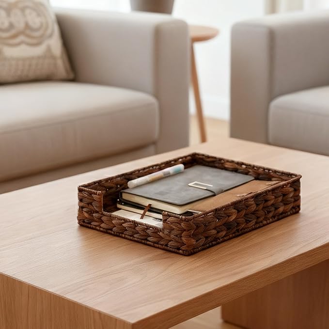 PINXIURY Water Hyacinth Letter Tray for A4 File Desk Mail Letter-Size Paper, Basket Woven Organizer, Magazine Files Storage, Office Document Organizer and Storage, Coffee