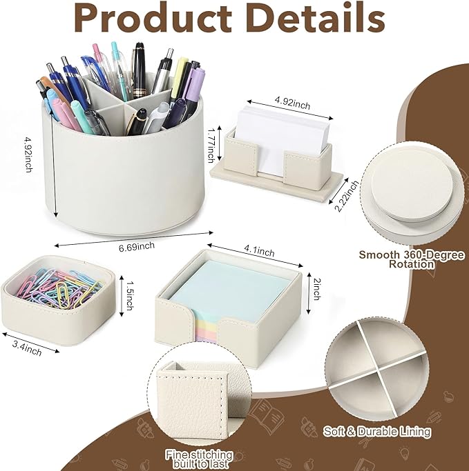 4 Pcs Rotating Leather Pen Holder Organizer Office Desk Accessories Set with Business Card Sticky Note Holder Paperclip Storage Desktop Storage Supply for Teacher Back to School Gift(Beige)