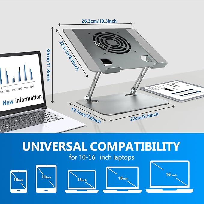 Laptop Cooling Stand with Fan and One Key Switch - Ergonomic Adjustable Height Desk Stand for All 10-16”Laptops & Tablets