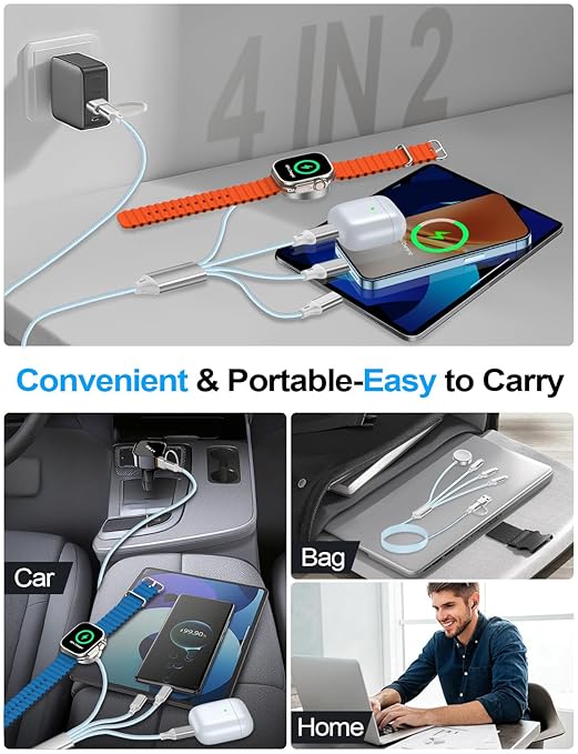 Travel Essentials,Multi Charging Cable for Apple Watch Charger/iPhone Charger/Samsung Charger,USB A & Type C Power Cable for iWatch Ultra/10-2/iPhone 17-11/Samsung S26,Serial Cables,Car[1.2M]-Blue