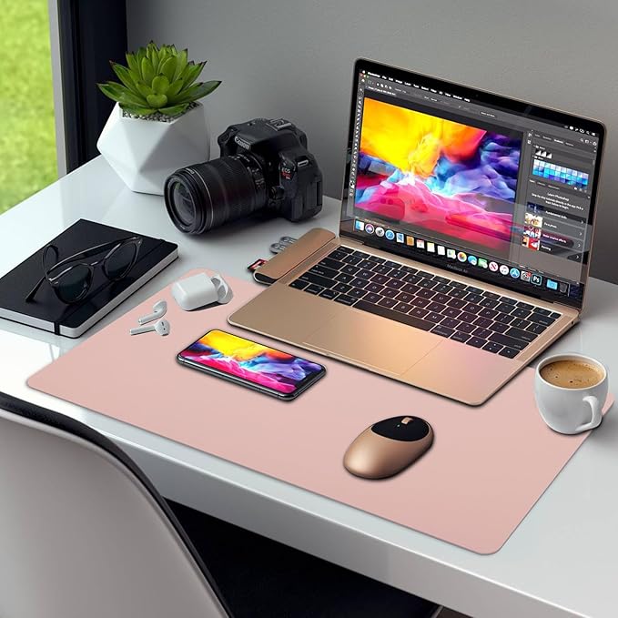 Large Leather Desk Pad Protector 27.5"x13.7",Non-Slip Durable Office Desk Mat for Writing, Computer, Laptop, Mouse Pad & Desktop Use,Desk Protector Mat,Peach Powder