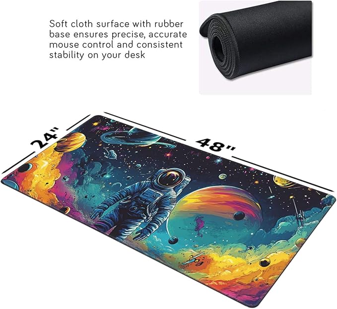 Extra Large Gaming Mouse Pad 48"x24", Non-Slip Rubber Base Galaxy Astronaut Space Mouse Pad, Waterproof Keyboard Mat with Stitched Edges for Work, Game, Office, Desk