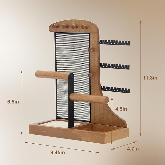 KOOAAICCHI Jewelry Organizer Stand Wooden Multi-Tier Jewelry Display Rack,Anti-tangle Necklace Holder,Jewelry Stand with Velvet Tray for Rings,Earrings and Bracelets (Brown)