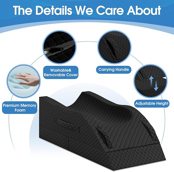 TranquilRelax Elevation Pillows for Leg After Surgery, Memory Foam Adjustable Wedge Pillow for Injury or Rest, Ankle Pillow for Sleeping Blood Circulation, Full-Black/Single Leg