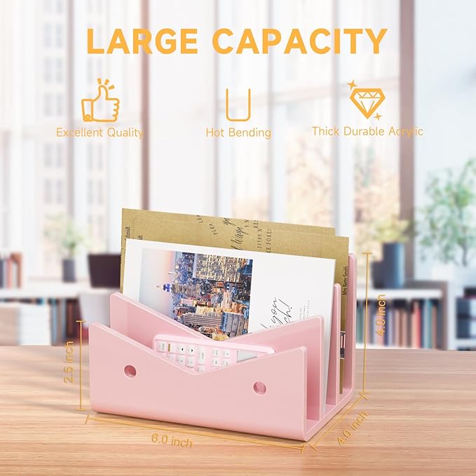 Mail Organizer Envelope Holder - 3 Compartments Pink Acrylic Mail Holder Countertop Vertical Desk Organizer Small File Bill Document Notebook Letter Sorter for Home School Office Supplies