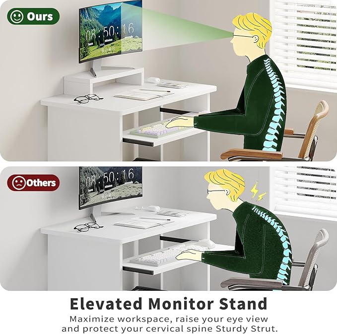 ALISENED Computer Desk, 30 Inch Compact Desk with Keyboard Tray & Monitor Stand for Space-Saving, Ergonomic Study Desk with Storage Shelves for Writing, Gaming, Working, White