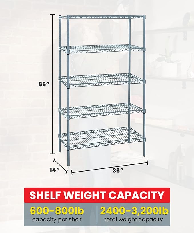 Quantum Storage Systems WR86-1436GY-5 Wire Shelving 5 Shelf Starter Units, 14" x 36" x 86", Gray Epoxy