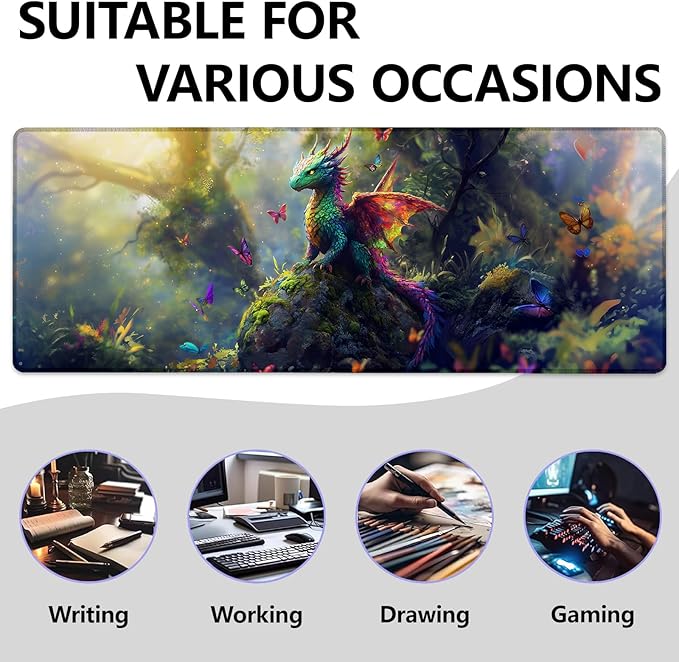 Enchanted Forest Dragon Large Mouse Pad, Gaming Mouse Pad, Non-Slip Rubber Base, Office Accessories, Desk Mat, Animal MousePads for School, Work, Home Decor Gifts 31.5" x 11.8"