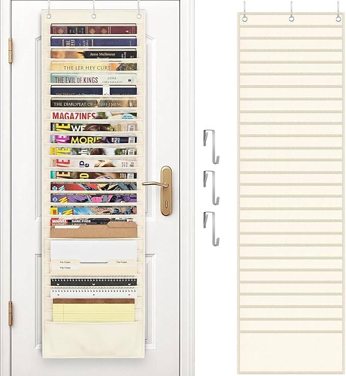 26-Pocket Over The Door File Organizer - Vertical Hanging Storage for Magazines, Documents & Paper, Heavy-Duty Door Organizer for Office, Classroom & Home