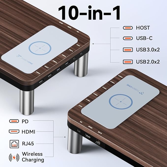 TobenONE MacBook Docking Station 10 in 1 (Monitor Stand, Wireless), USB C Docking Station with 4K@60Hz HDMI, Wireless Charging Pad, 100W Power Supply, 5 USB Ports, Ethernet, for Dell/Lenovo/HP/MacBook