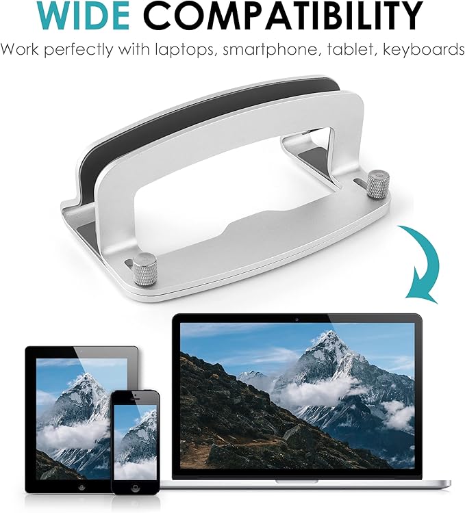 LOTEYIKE Aluminum Vertical Laptop Stand, MacBook Pro Laptop Vertical Stand Dock Holder with Adjustable Slot Fits All Laptops Notebook Tablets MacBook Air- Save Space & Improve Airflow, Silver
